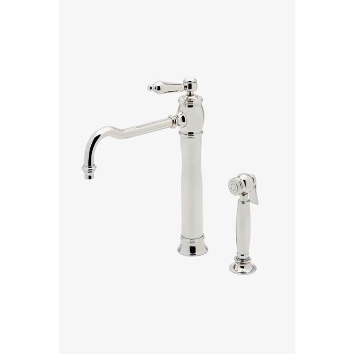 Waterworks Julia One Hole High Profile Kitchen Faucet, Metal Lever Handle and Spray in Brass