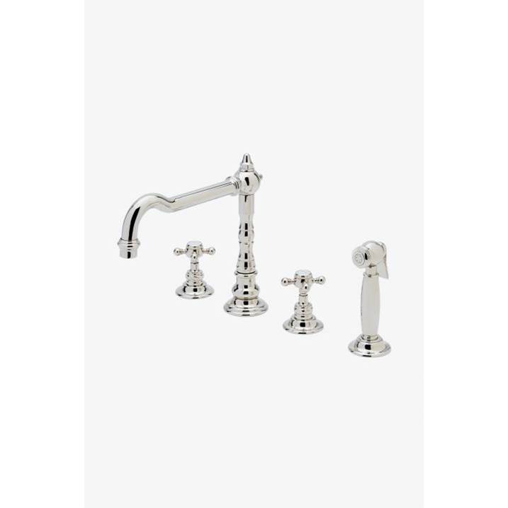 Waterworks Julia Three Hole High Profile Kitchen Faucet, Metal Cross Handles and Spray in Copper