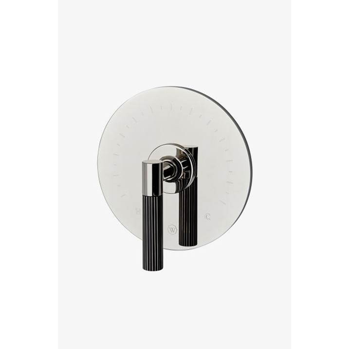 Waterworks Bond Union Series Round Thermostatic Control Valve Trim with Guilloche Pinstripe Lever Handle in Brass/Adriatic Enamel