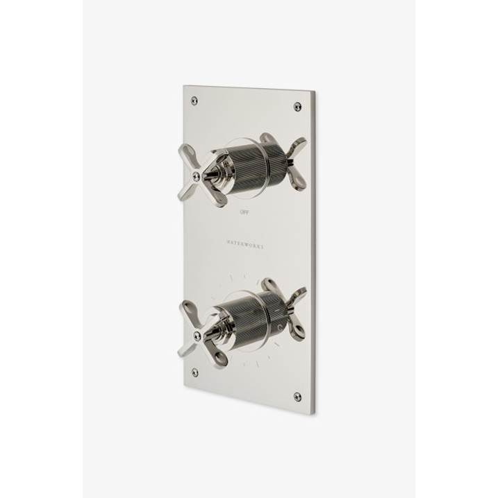 Waterworks Henry Integrated Thermostatic and Volume Control Trim with Coin Edge and Cross Handles in Burnished Brass