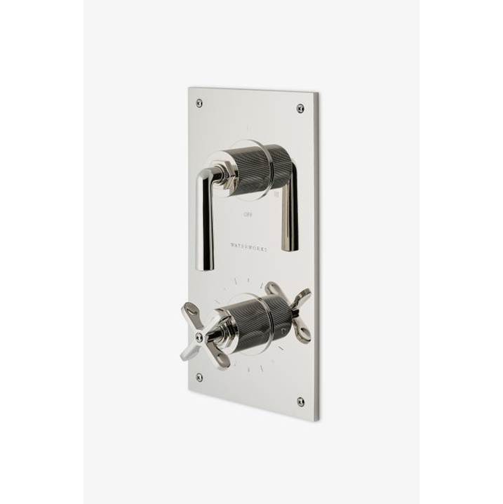 Waterworks Henry Integrated Thermostatic and Three Way Diverter Trim with Coin Edge Cross and Lever Handles in Brass