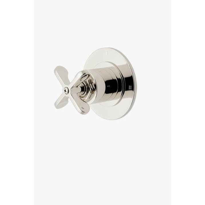 Waterworks Henry Three Way Diverter Valve Trim for Pressure Balance with Roman Numerals and Cross Handle in Burnished Brass
