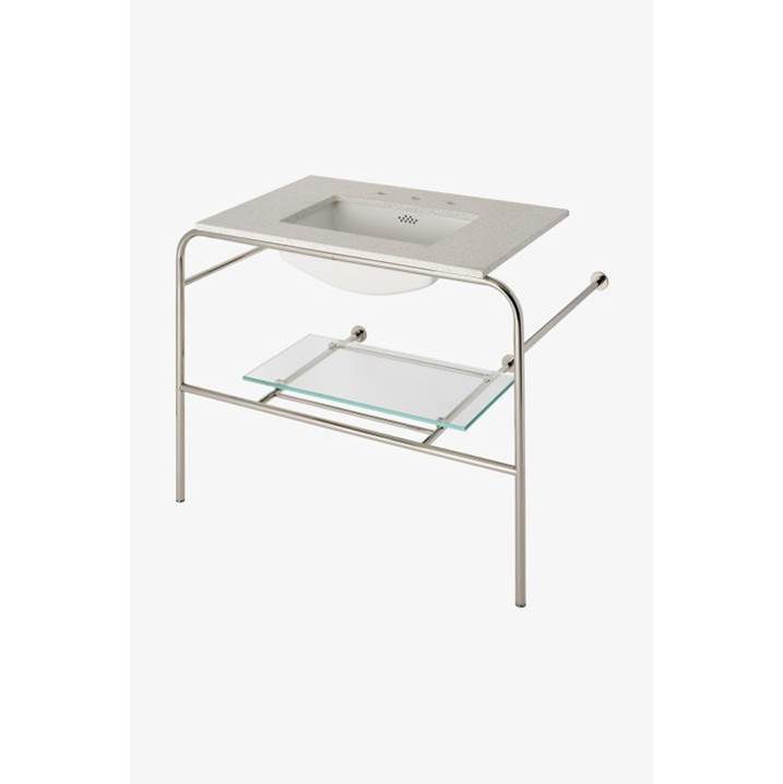 Waterworks Studio Flyte Metal Round Single Two Leg Washstand 42'' x 23 3/4'' x 31 3/4'' with Glass Shelf with UNLV22 and Slab Top in Brass with UNLV22 and Alabaster Honed
