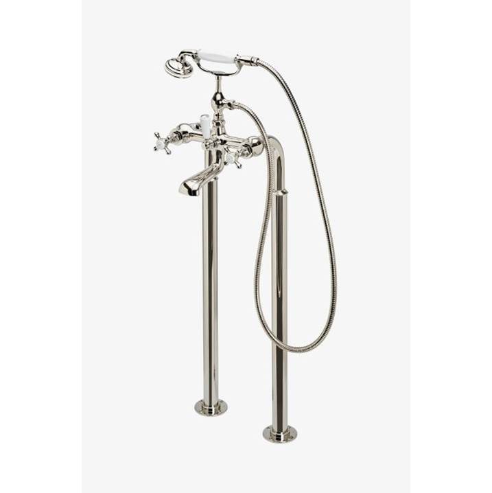 Waterworks Studio Highgate Floor Mounted Exposed Tub Filler with Handshower and Cross Handles in Vintage Brass, 1.75gpm (6.6L/min)