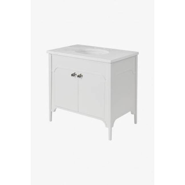 Waterworks Studio DISCONTINUED Oxley Single Vanity 36'' x 23'' x 33 3/4'' in Chalk with Gossamer Honed Slab and Clara Sink
