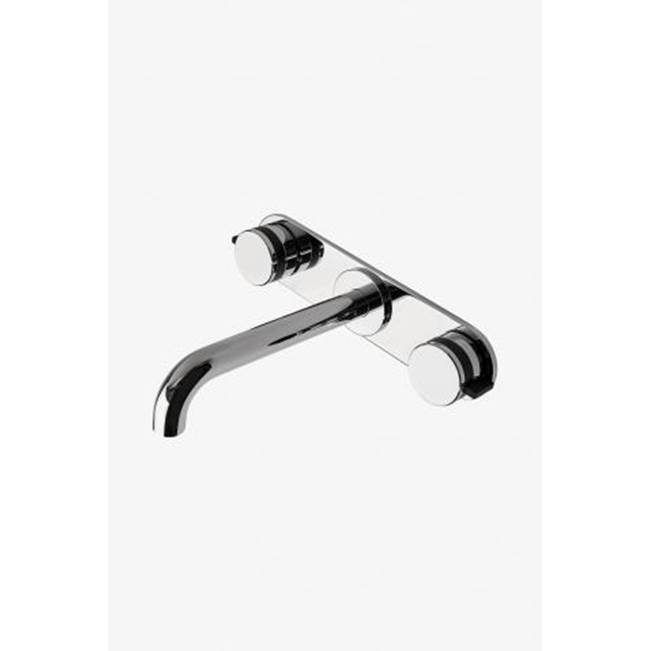 Waterworks Studio Decibel Low Profile Three Hole Wall Mounted Lavatory Faucet with Metal Knob Handles and Valve in Chrome, 1.2gpm