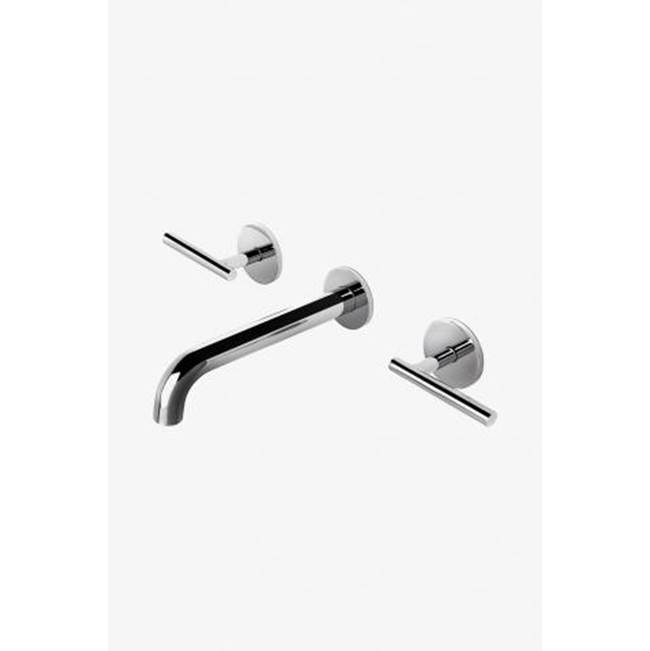 Waterworks Studio Decibel Low Profile Three Hole Wall Mounted Lavatory Faucet with Metal Lever Handles and Valve in Nickel, 1.2gpm