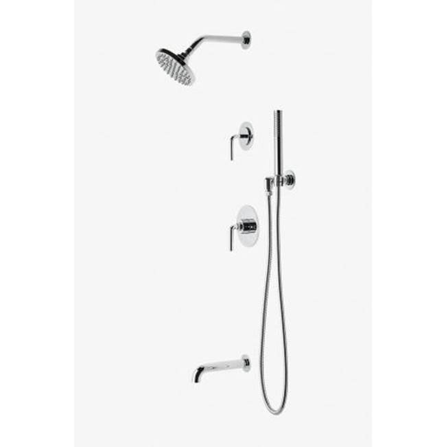 Waterworks Studio Discontinued Flyte Pressure Balance Shower Package with 6'' Rain Shower Head, Handshower, Tub Spout and Diverter Lever Handle in Nickel