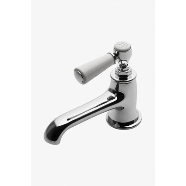 Waterworks Studio Highgate Low Profile One Hole Deck Mounted Lavatory Faucet with White Porcelain Lever Handle in Unlacquered Brass, 1.2gpm