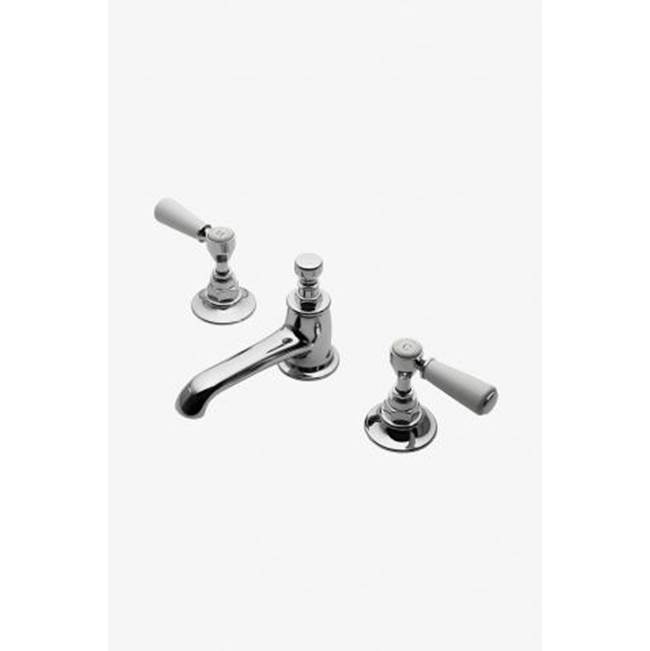 Waterworks Studio COMMERCIAL ONLY Highgate Low Profile Three Hole Deck Mounted Lavatory Faucet with White Porcelain Lever Handles in Brass, 1.0gpm (3.8L/min)