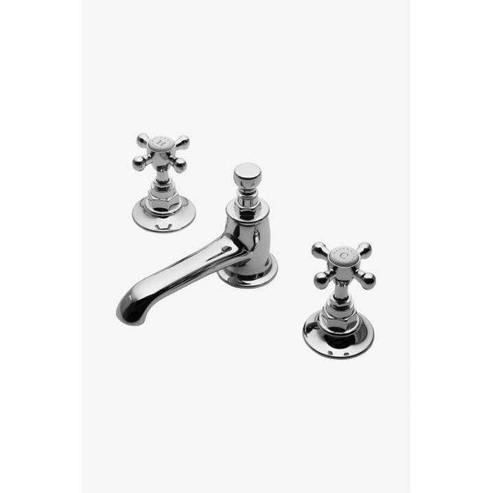 Waterworks Studio COMMERCIAL ONLY Highgate Low Profile Three Hole Deck Mounted Lavatory Faucet with Metal Cross Handle in Matte Champagne Gold PVD, 1.2gpm (7.6L/min)