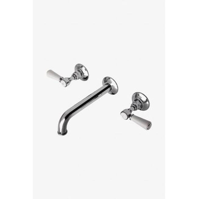 Waterworks Studio DISCONTINUED Highgate Low Profile Three Hole Wall Mounted Lavatory Faucet with White Porcelain Lever Handles and Valve in Chrome, 1.2gpm