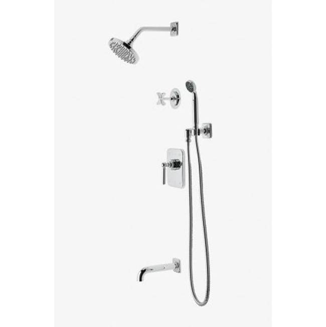 Waterworks Studio Discontinued Ludlow Pressure Balance Shower Package with 6'' Rain Shower Head, Handshower, Tub Spout and Diverter Cross Handle in Nickel