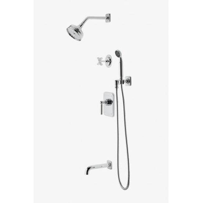 Waterworks Studio Discontinued Ludlow Pressure Balance Shower Package with 5'' Shower Rose, Handshower, Tub Spout and Diverter Cross Handle In Chrome