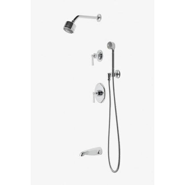 Waterworks Studio Discontinued Transit Pressure Balance Shower Package with 3 1/4'' Shower Head, Handshower, Tub Spout and Diverter Lever Handle in Brass