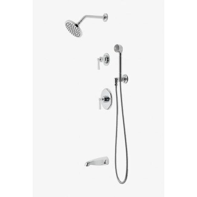 Waterworks Studio Discontinued Transit Pressure Balance Shower Package with 6'' Rain Shower Head, Handshower, Tub Spout and Diverter Lever Handle in Brass