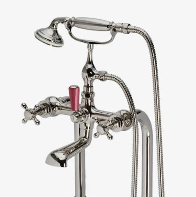 Waterworks Studio DISCONTINUED Highgate ASH NYC Edition Floor Mounted Exposed Tub Filler with Handshower, Cross Handles and Porcelain Diverter Handle in Nickel/Cerise Red, 1.75gpm (6.6L/m)