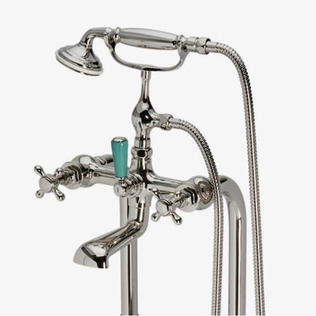 Waterworks Studio DISCONTINUED Highgate ASH NYC Edition Floor Mounted Exposed Tub Filler with Handshower, Cross Handles and Porcelain Diverter Handle in Nickel/Jade Green, 1.75gpm (6.6L/m)